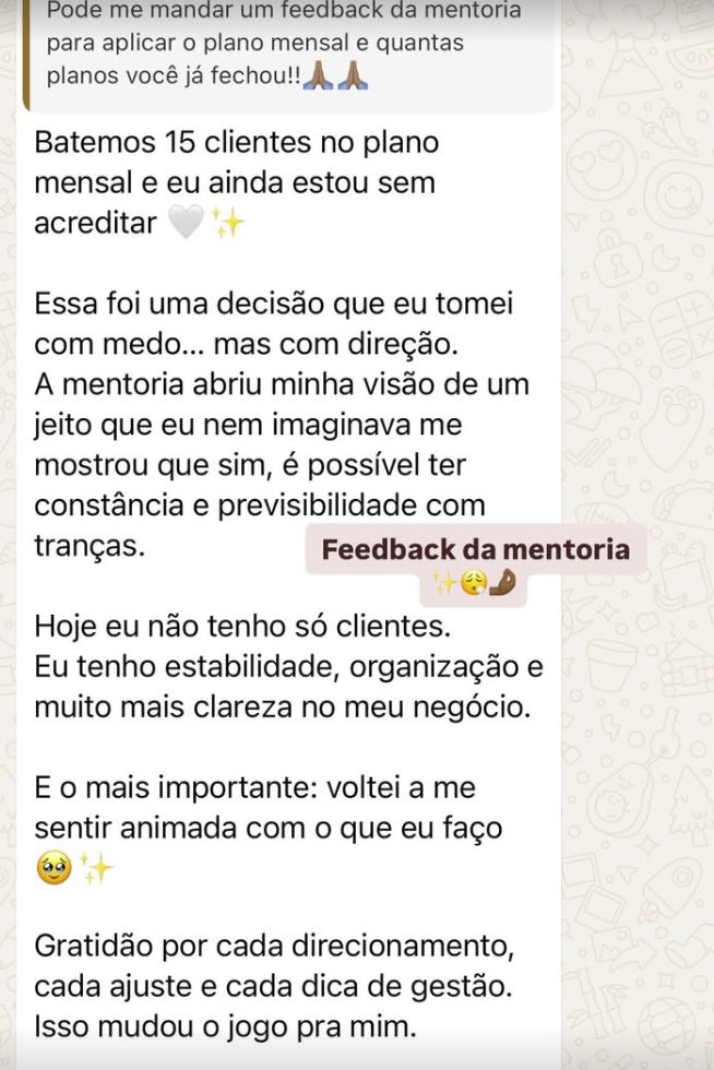 Mensagem de aluna sobre a mentoria