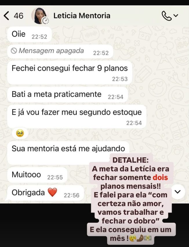 Mensagem de aluna sobre a mentoria
