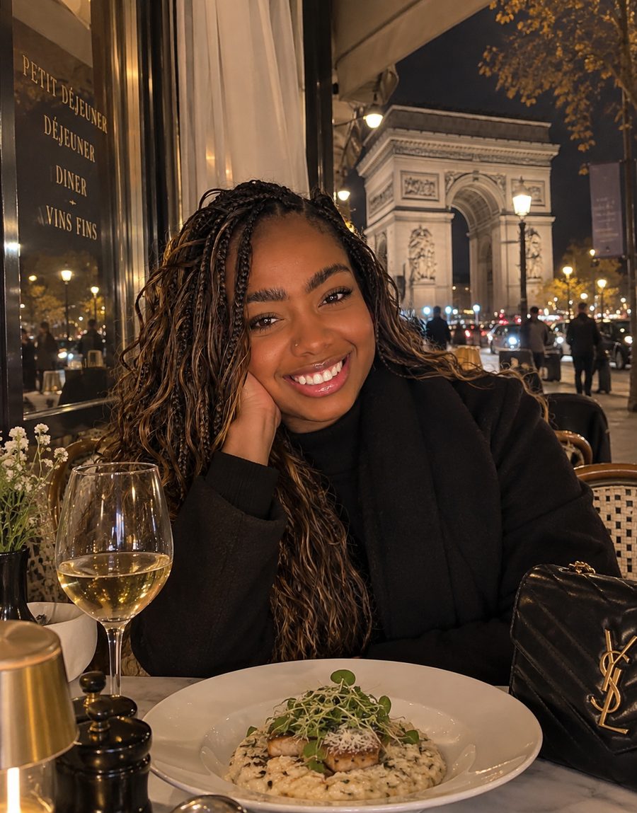 Mulher com tranças em um café em Paris